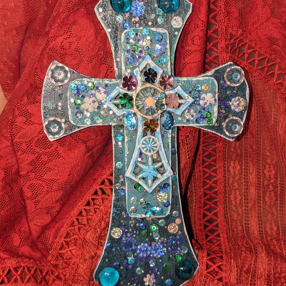 Blue Teal Embellished Decorative Wall Cross